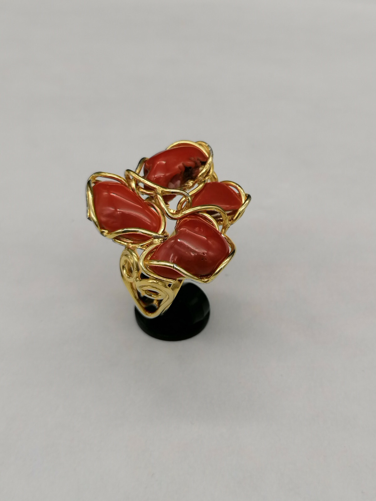 Genuine Sardinian Red Coral 925 Silver Gold Plated Adjustable Women Ring