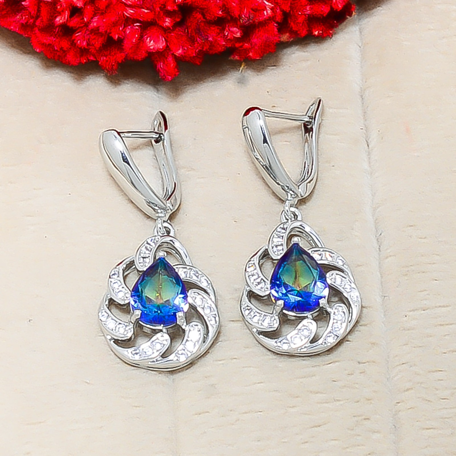 Blue Rainbow Mystic Fire Topaz & Cz 925 Sterling Silver Drop Earring 1.30″ E9417