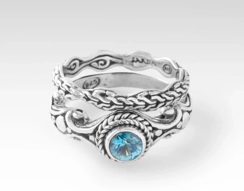 Sarda Love One Another Ring Sz. 8 Set of 2 in Blue Zircon #30