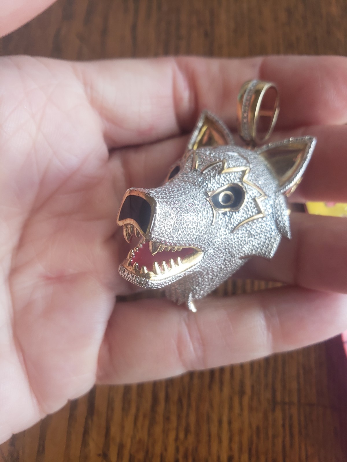 Huge Sterling Silver Wolf Husky Pendant 925 Enamel Gold Plated Dog Jewelry