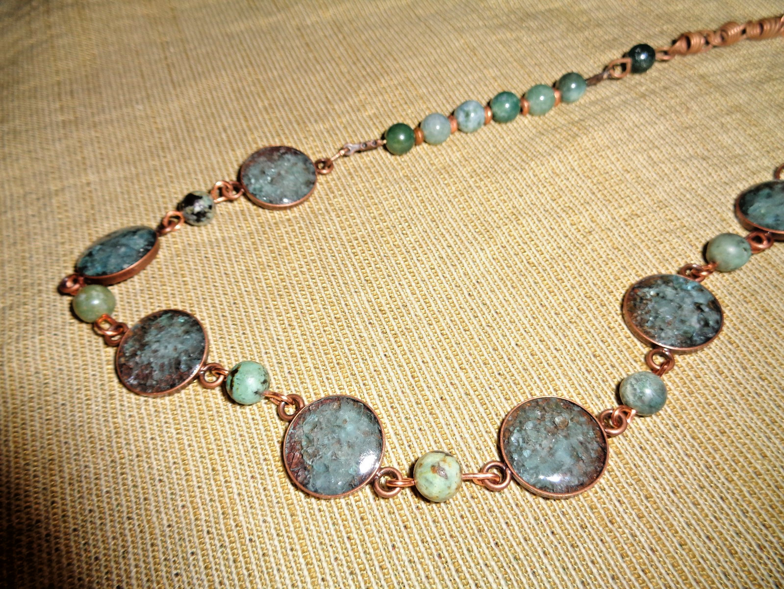 Artisan crafted, 19” crushed apatite in resin necklace, with agate connectors, a