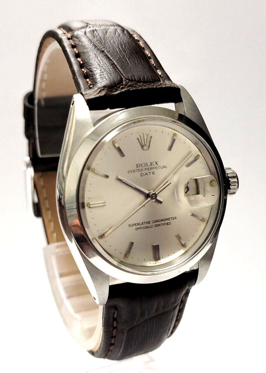 Mens VINTAGE Rolex Oyster Perpetual Date Stainless Steel Silver Dial 34mm Watch