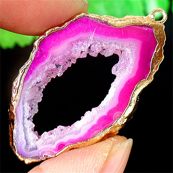41x25x5mm Electroplated Gilt Edged Rose Geode Agate Slab/slice Pendant ZL5659