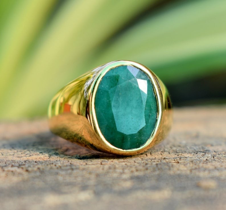 Solid 925 Sterling Silver Natural Emerald Corundum Gemstone Men’s Unisex Ring
