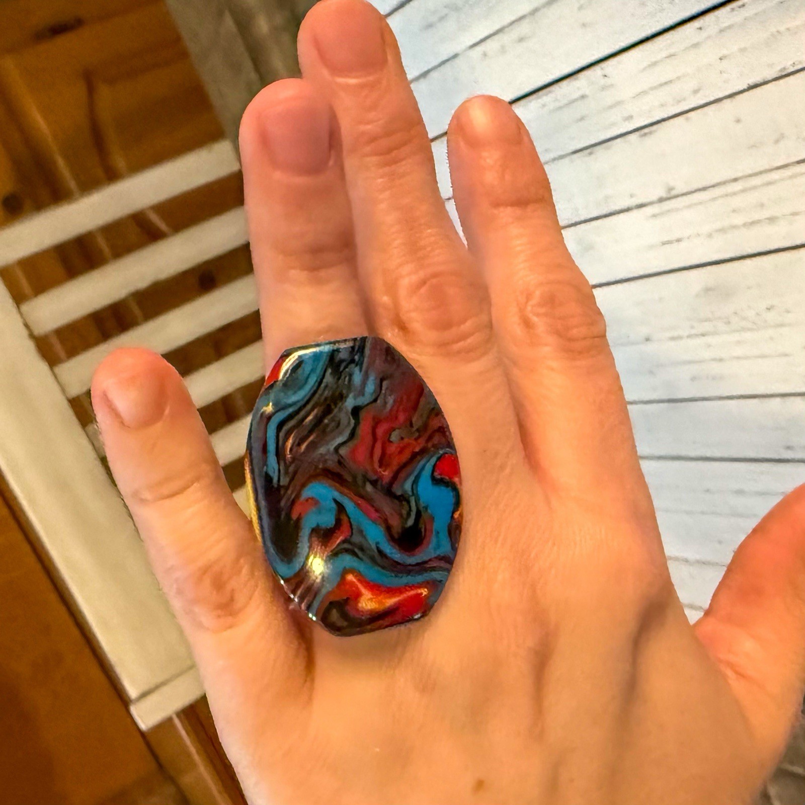 Vintage Plastic Multicolor Swirl Chunky Ring Turquoise Red Black Yellow Size 6.5