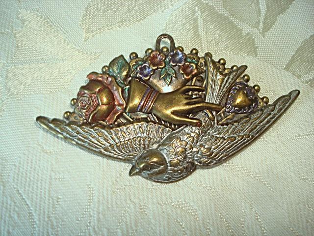 Victorian Revival Assemblage Fan Brooch With Bird Hand Heart Flowers KJ
