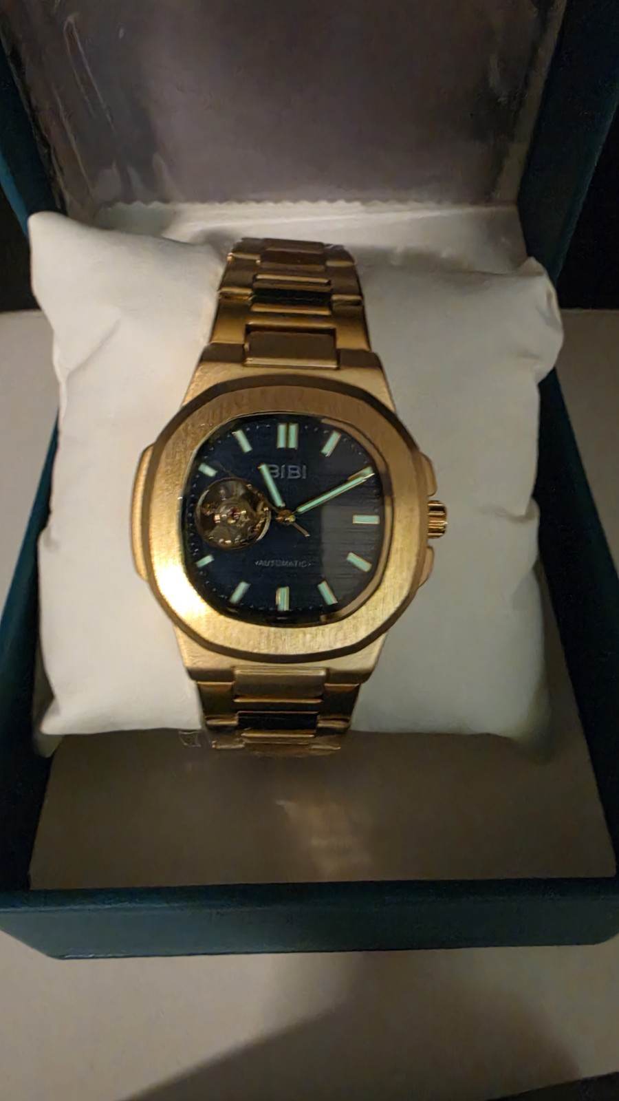 BIBI Luxury Automatic Skeleton Blue Face Watch Gold-Tone Stainless Steel Band