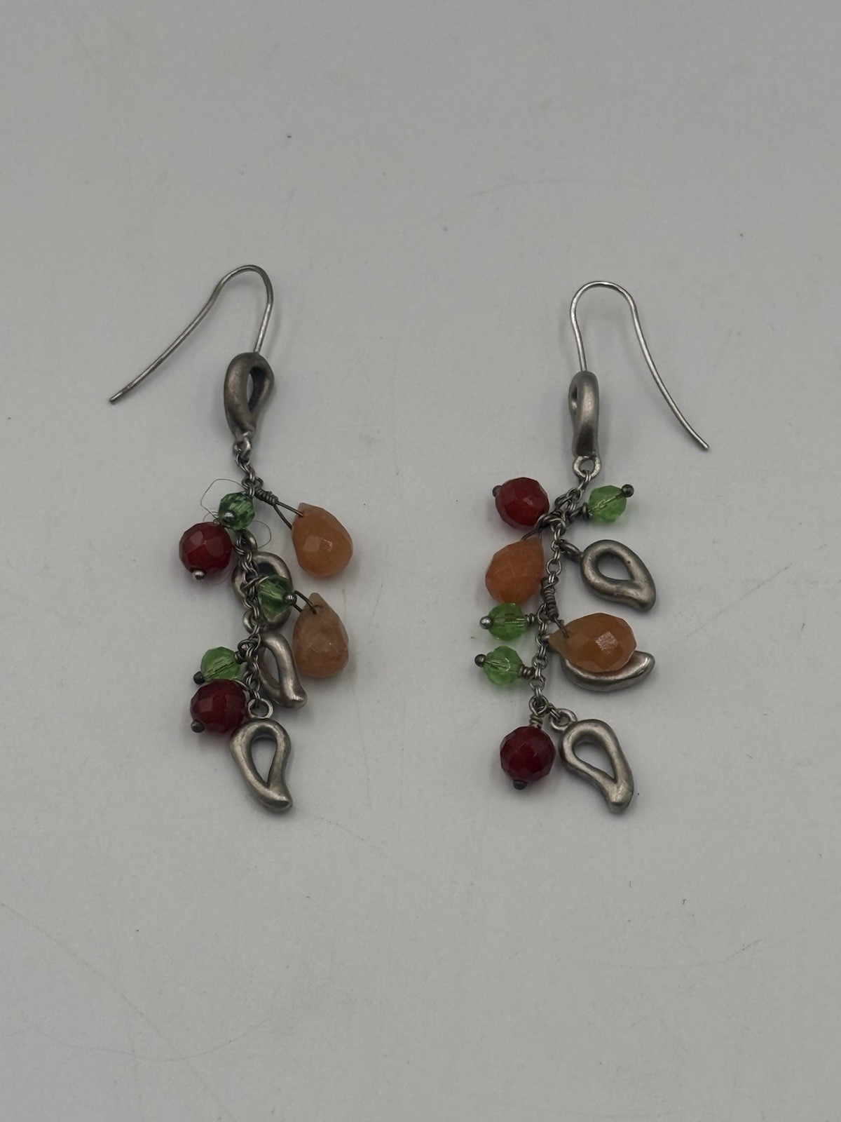 Artisan Wire Wrapped Dangle Earrings Red Green Orange Glass Bead