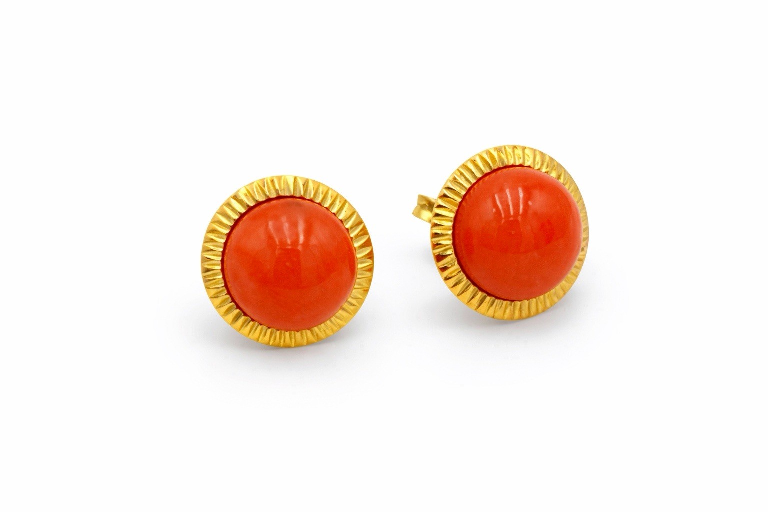 Mediterranean Red Coral Earrings 10mm 18KT Yellow Gold Stud Coral Earrings