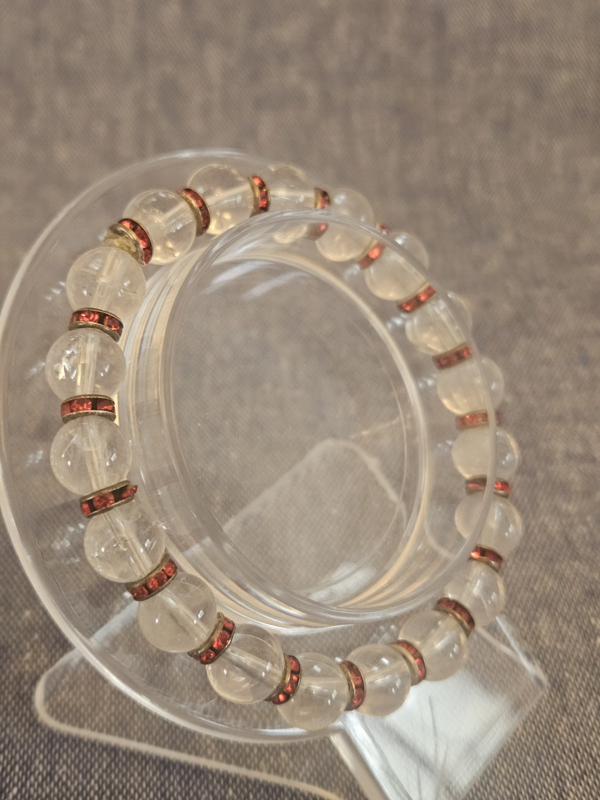 Crystal Clear Quartz Round Beaded Stretch Bracelet w Red Rhinestone Spacer Rings
