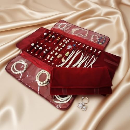 Velvet Travel Jewelry Roll Organizer Case for Necklace Bracelet Earrings Ring