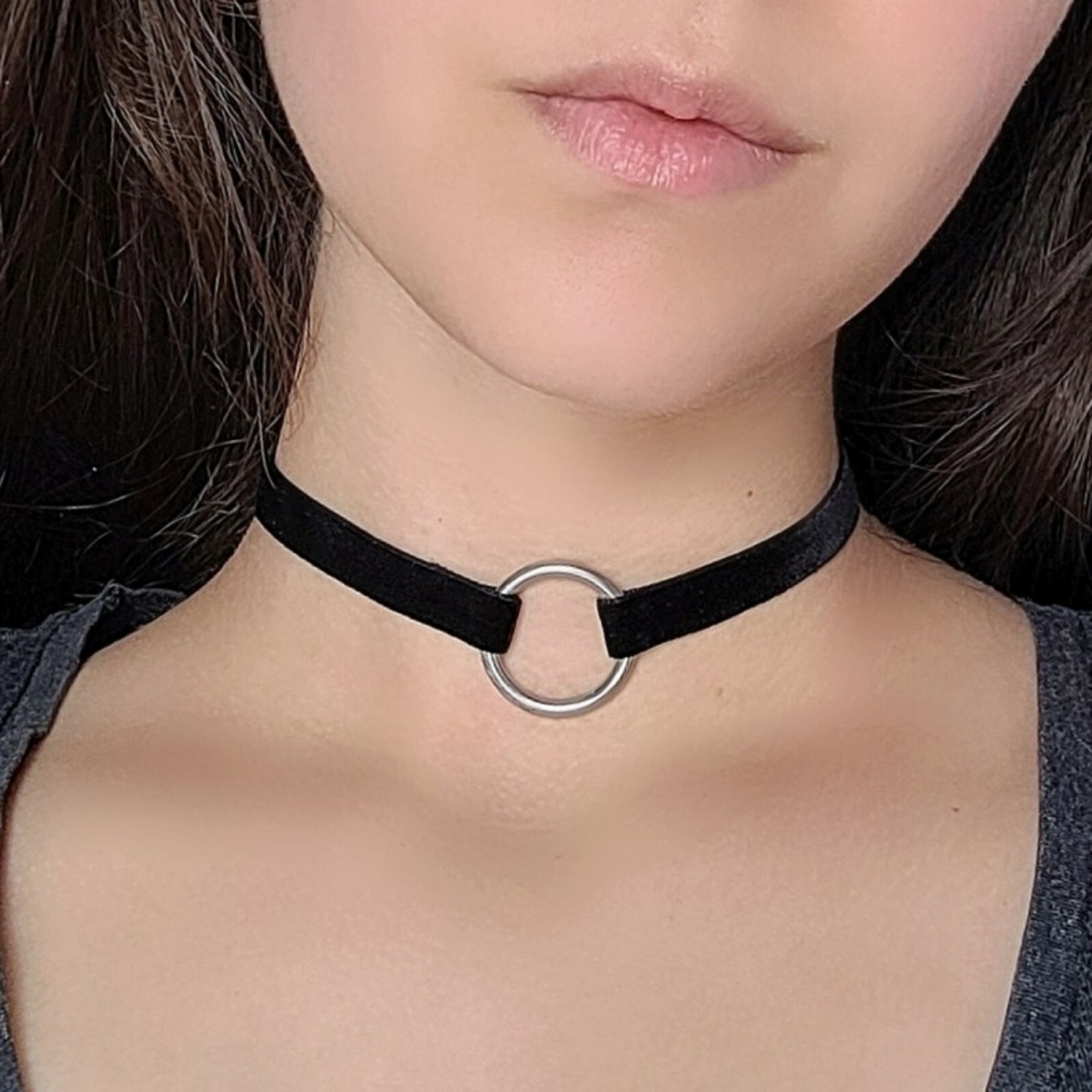 Silver or Gold O Ring Choker Black Velvet Collar Necklace 90s Goth Punk Jewelry