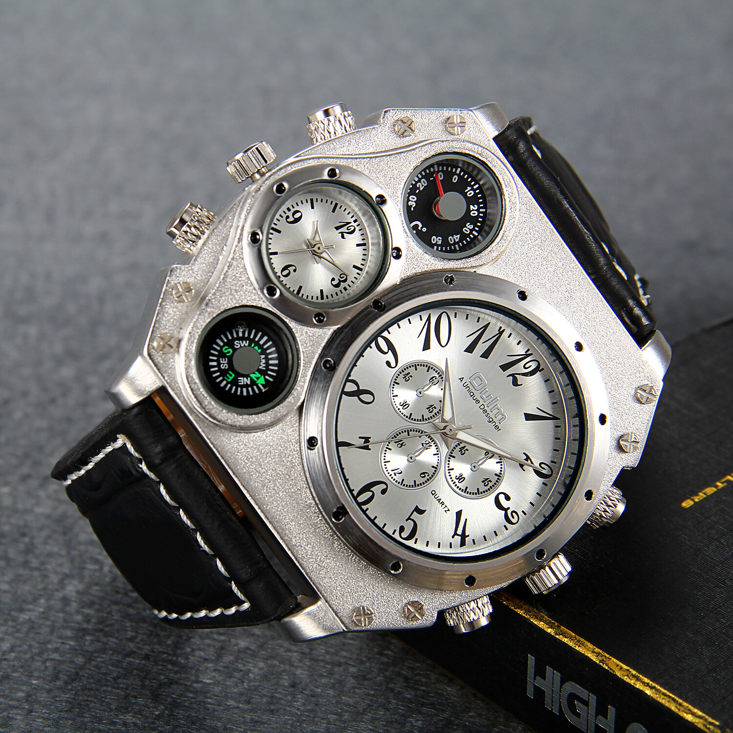Men’s Sport Army Multi-functional 2 Time Zones Dial Leather Quartz Wrist Watch