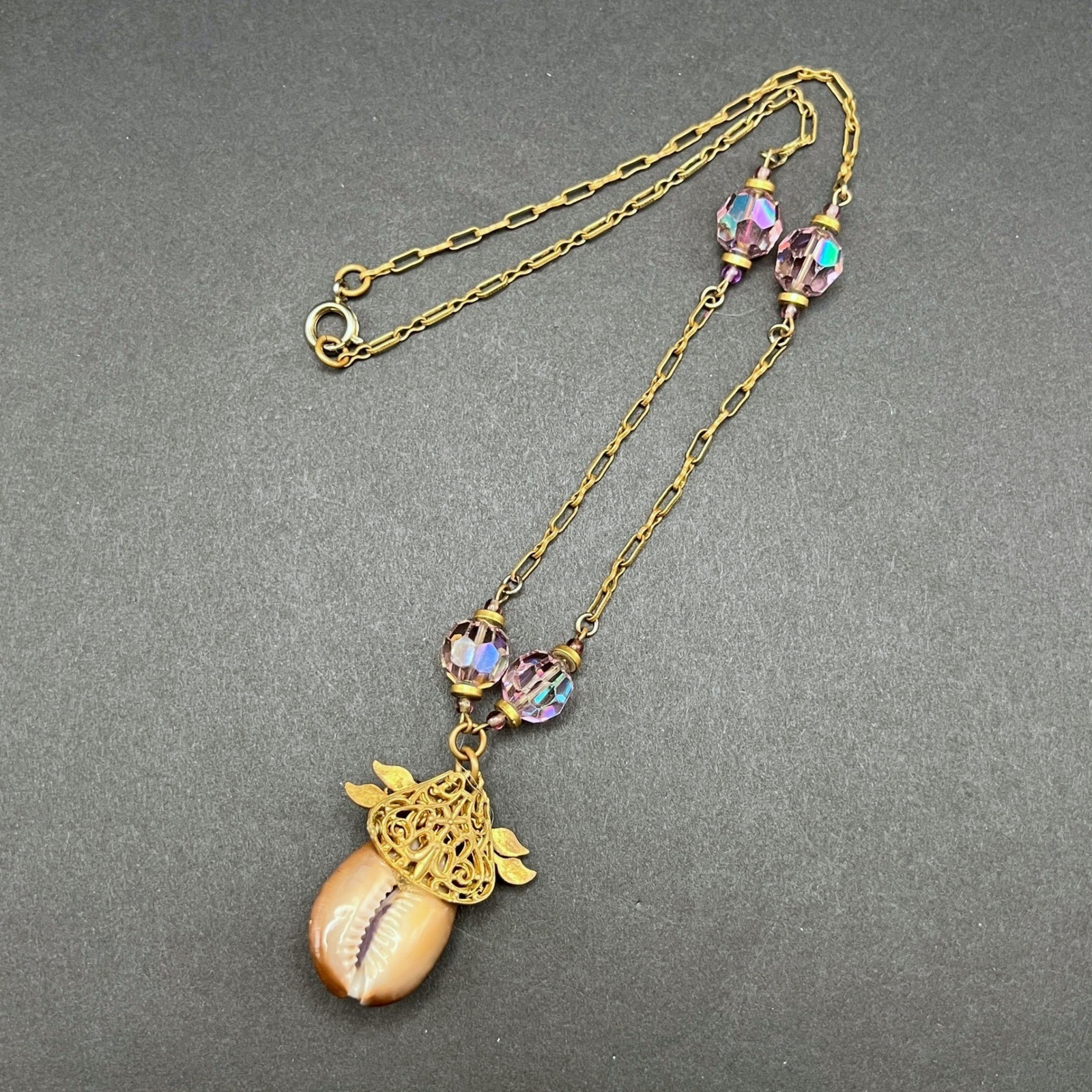 Vintage Cowrie Shell Necklace Purple AB Crystal Gold Tone Fairy Coastal Ethereal