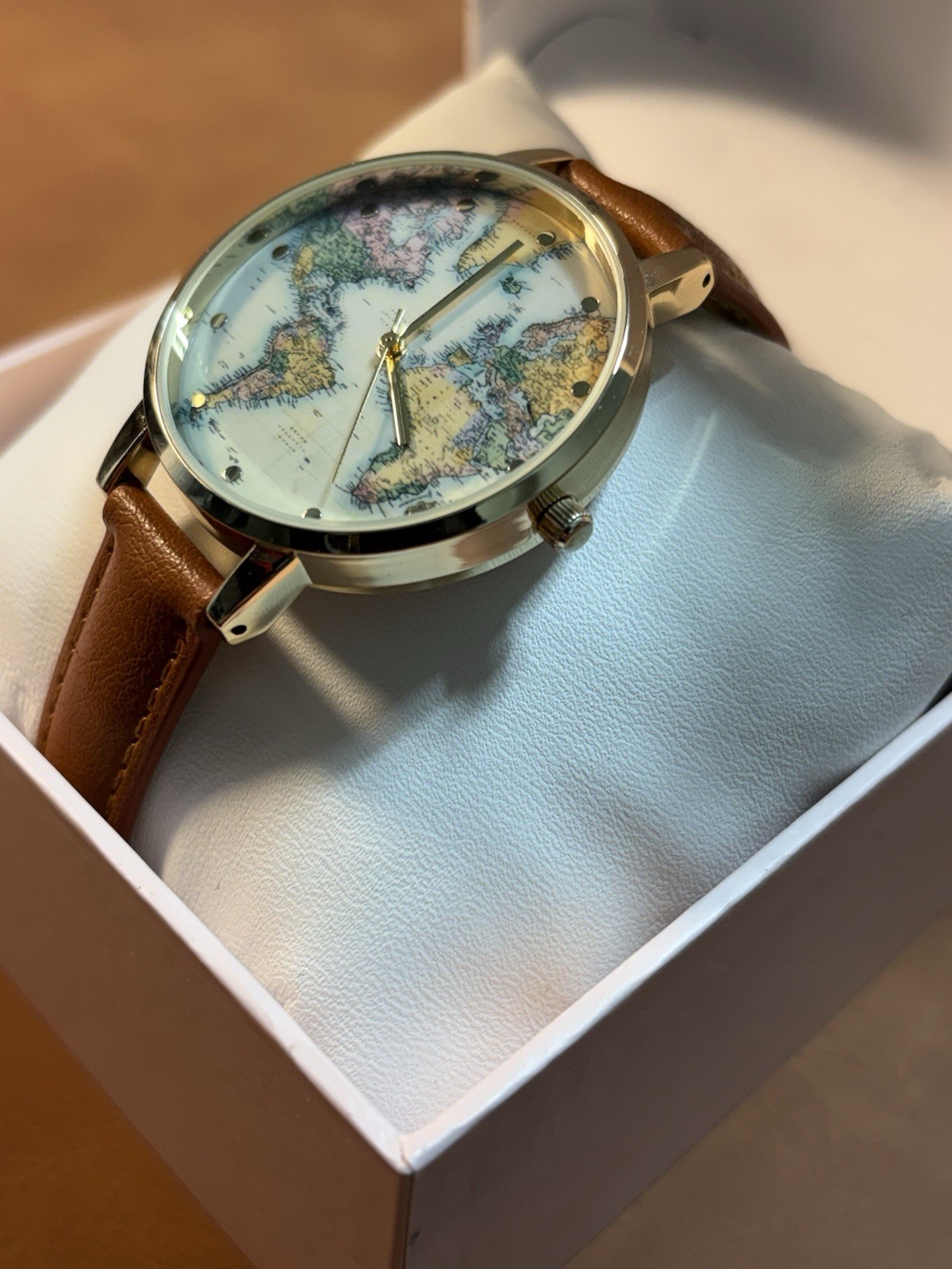World Map Francescas Women’s Quartz Watch Gold Tone Ladies Leather Band,Box
