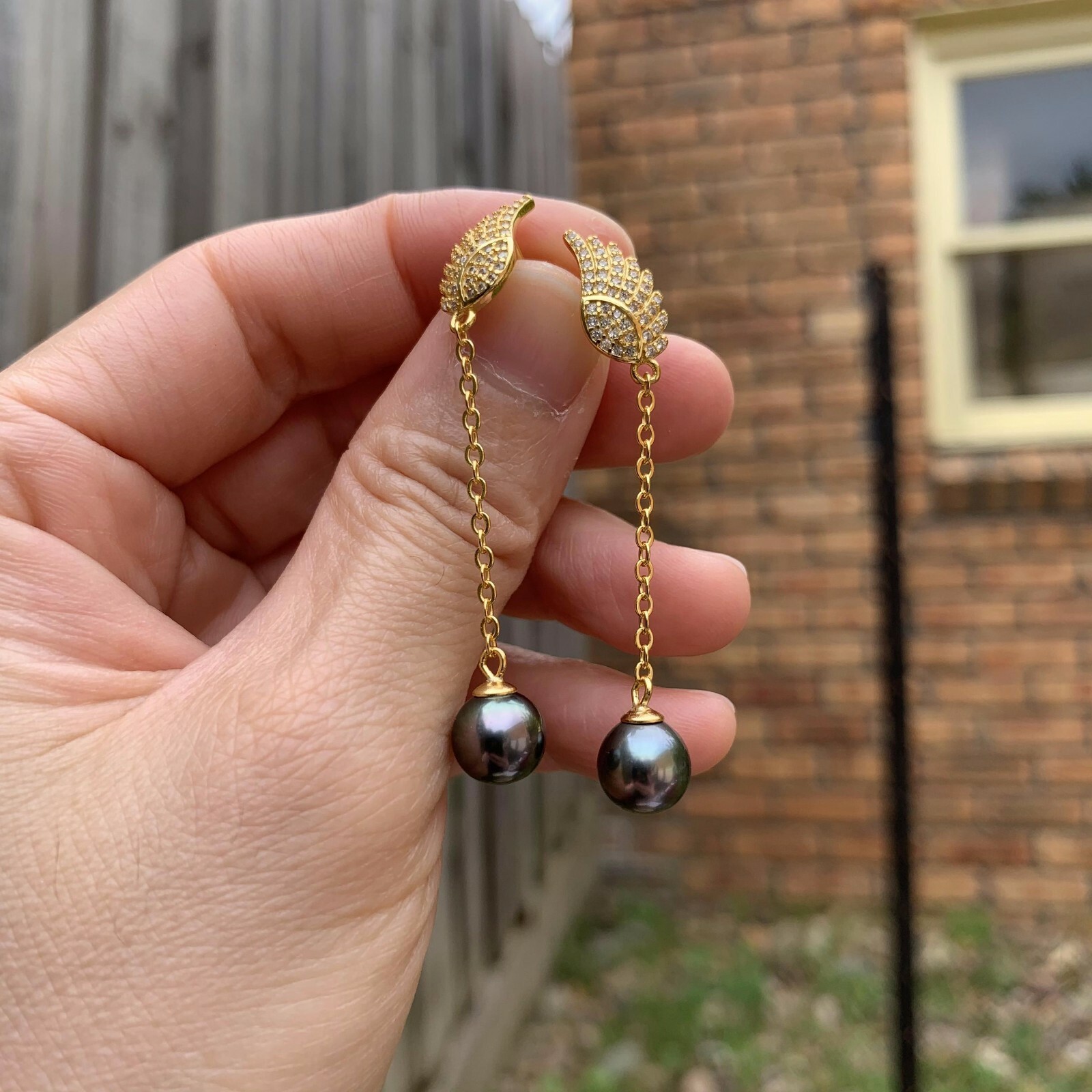 8.5~9mm Peacock Black Tahitian Pearl S925 Silver Angel Wing stud Earring Dangle