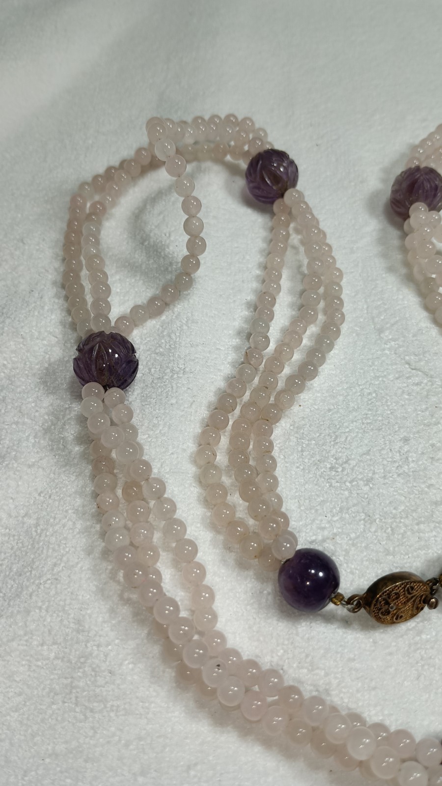 Vintage Chinese Rose Quartz Carved Amethyst Stone Beaded Necklace Silver Clasp