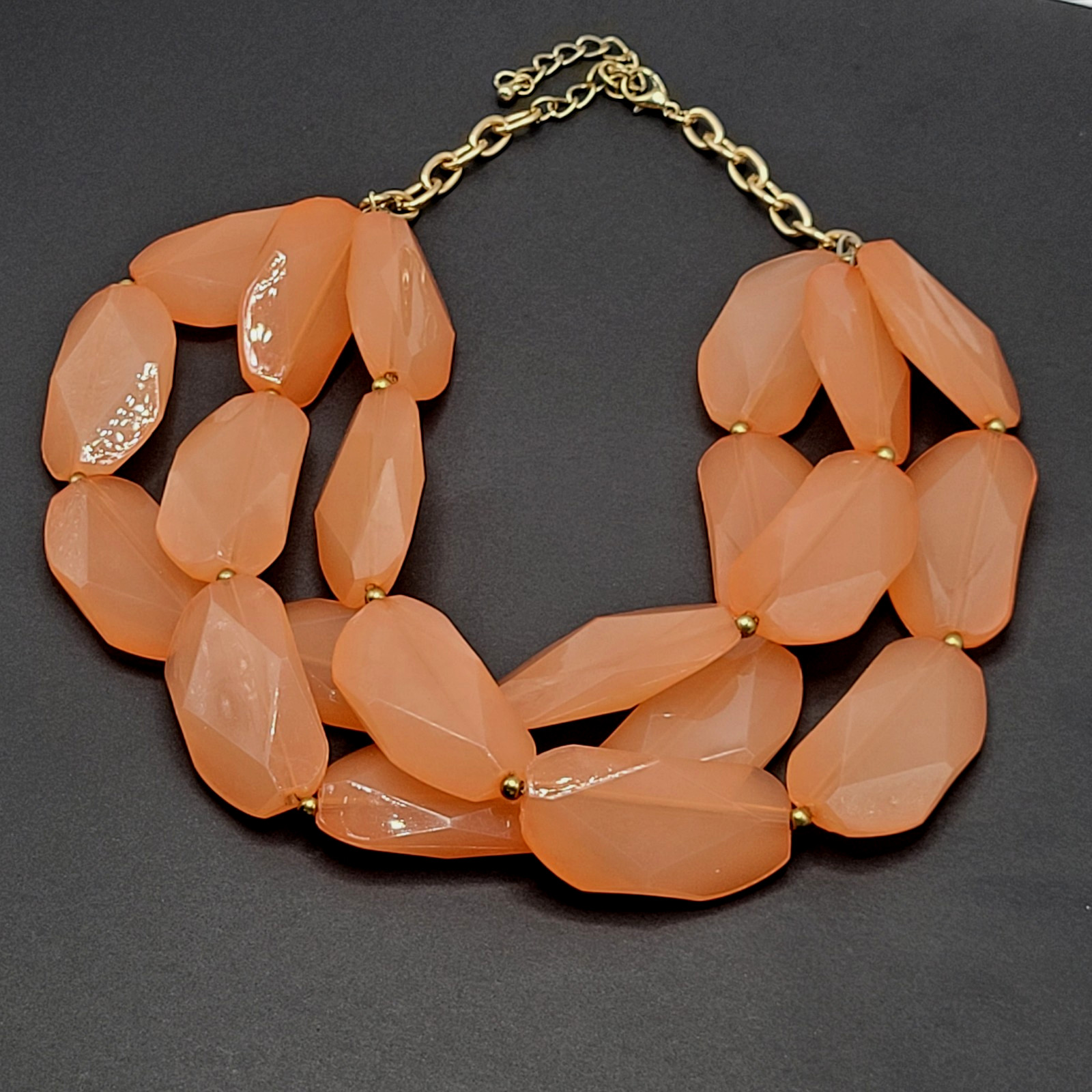 Glamourous Melon Peach Orange Shade Lucite Triple Strand Beaded Necklace 21 Inch