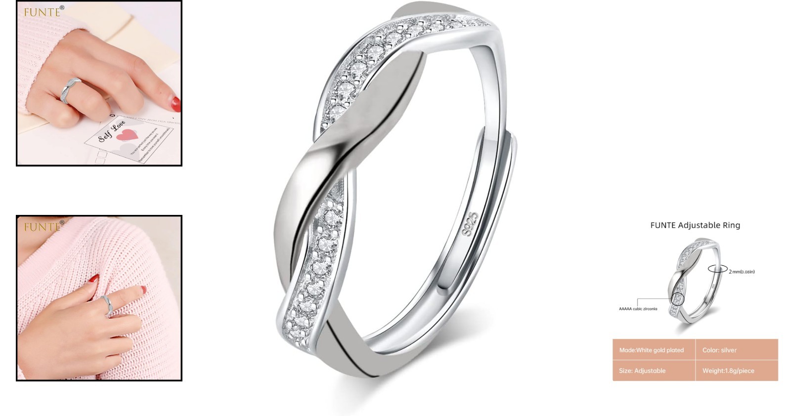 Elegant Adjustable 925 Silver Plated Ring – Cubic Zirconia Gift Box Included