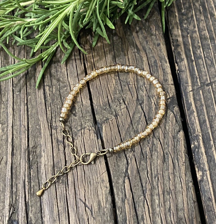 Dainty Glass Bead Bracelet, Gold & Amber Tones on Antique Brass Chain