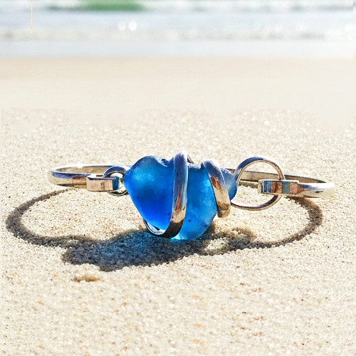 Vintage 925 Solid Sterling Silver Wrap Cobalt Blue Sea Glass Bangle Bracelet