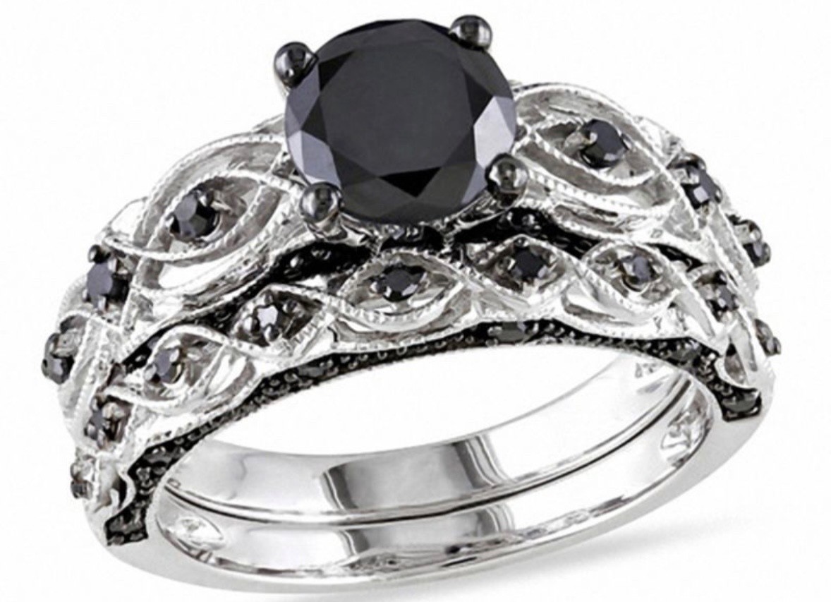 Zales 1-3/8 CT. T.W. Black Diamond Vintage-Style Bridal Set in 10K White Gold