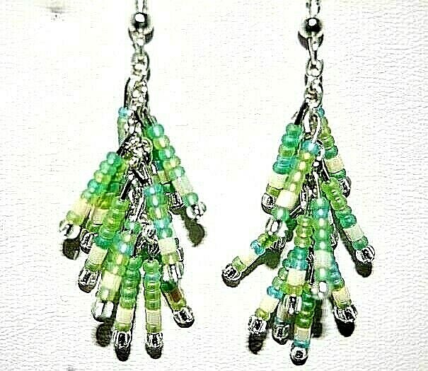 Silver Green, Blue & Ivory Glass Seed Beaded Tassel Pierced Earrings -NEW (#290)