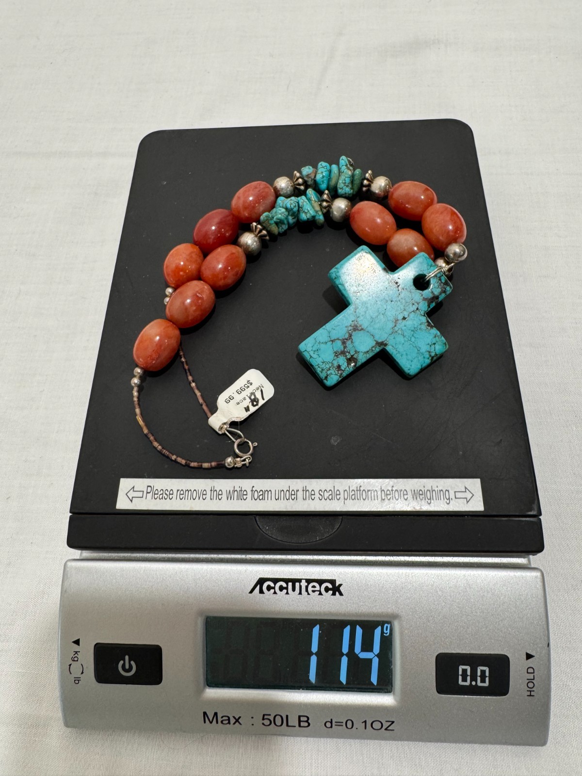 Solid Turquoise Cross Necklace Coral and Sterling Nuggets Heishi Beads 22″ 114 g