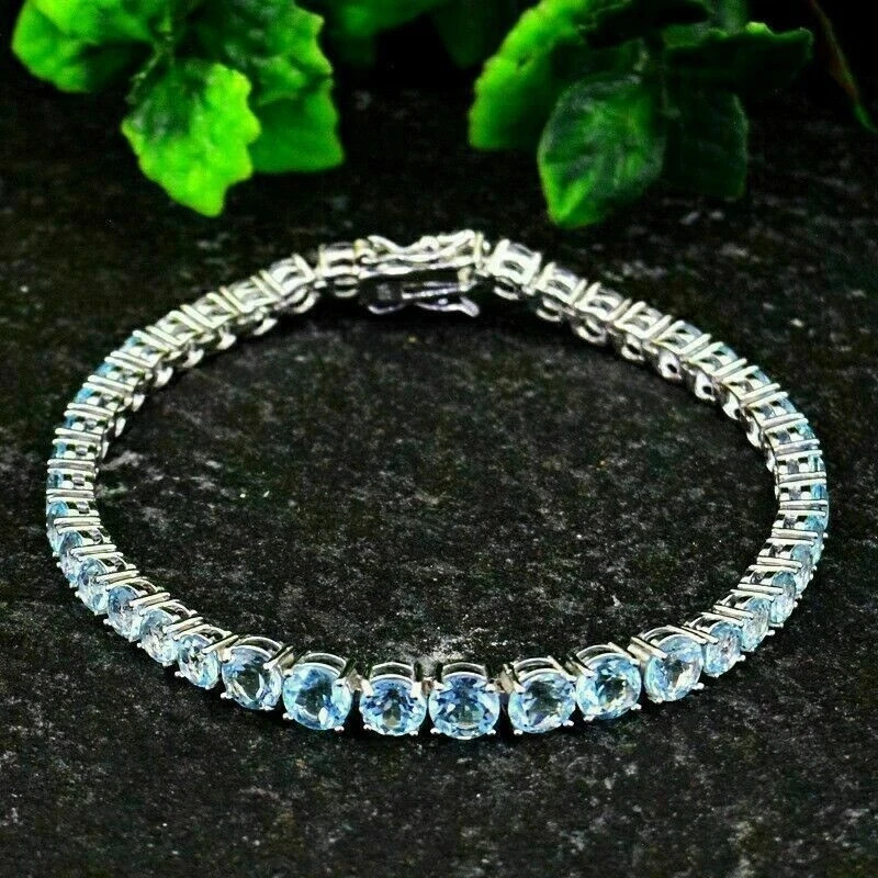 7Ct Round Cut Lab-Created Aquamarine Women Tennis Bracelet 14K White Gold Plated