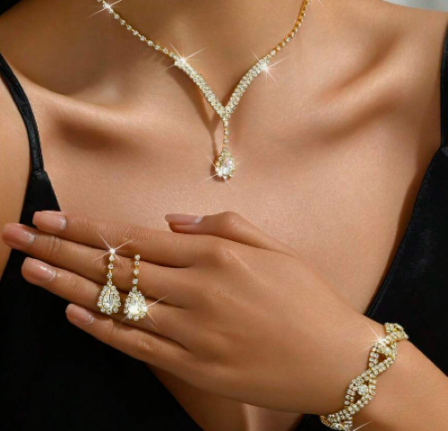Gold Plated Crystal Necklace Bracelet Earrings Set Prom Wedding Pageant Bridal