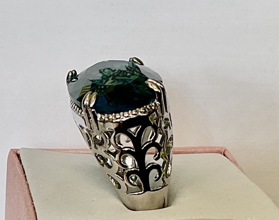 London Blue Topaz Ring – 18x13mm – 14.2Ctw – Filigree Setting In SS!!!