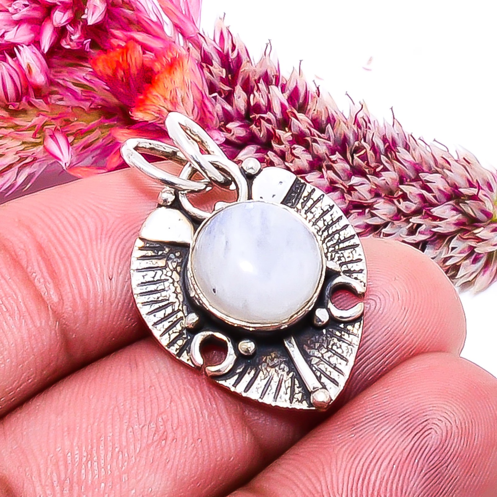 Rainbow Moonstone – India Handmade 925 Sterling Silver Pendant 1.05″ P15