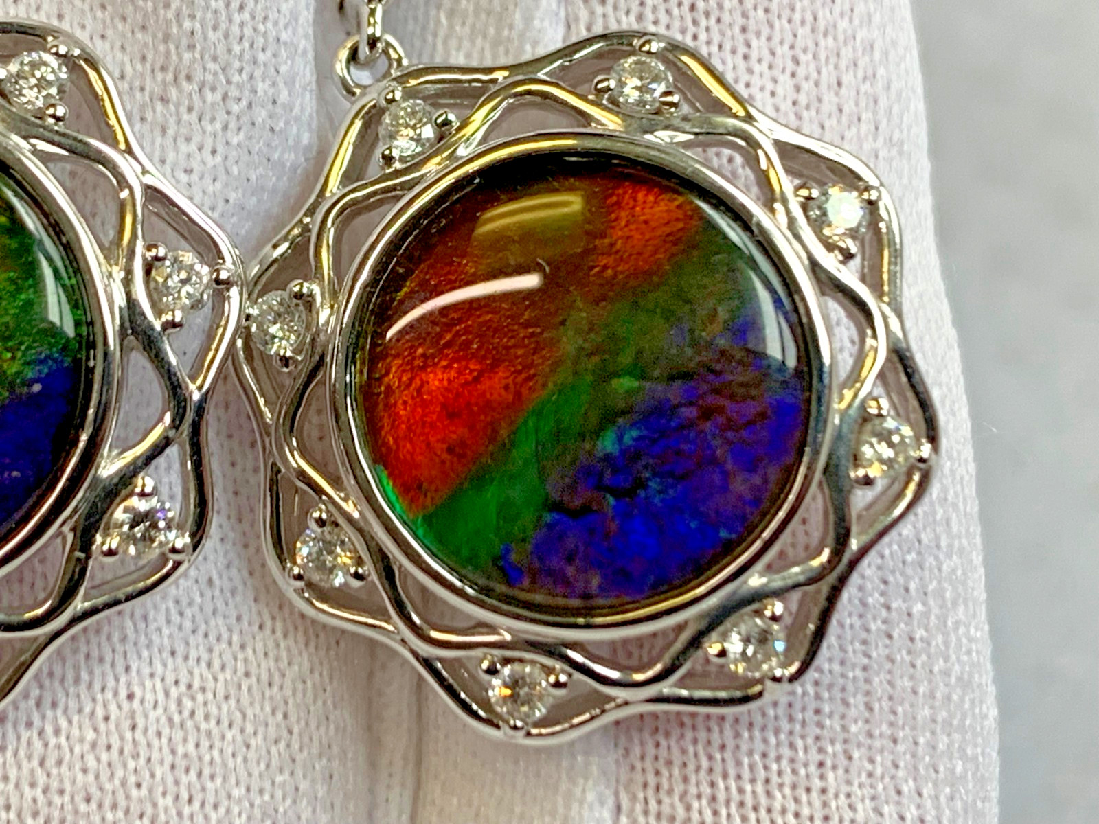 14K White Gold Iridescent Ammolite Earrings 9.54g Jewelry Clear Stones *READ*