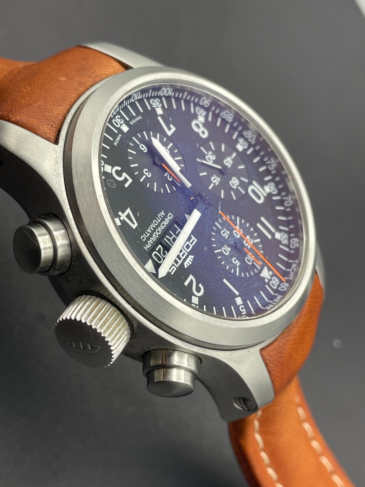 Fortis Pilot B42 Valjoux 7750 Chronograph Watch Black Dial Brown Strap $2895