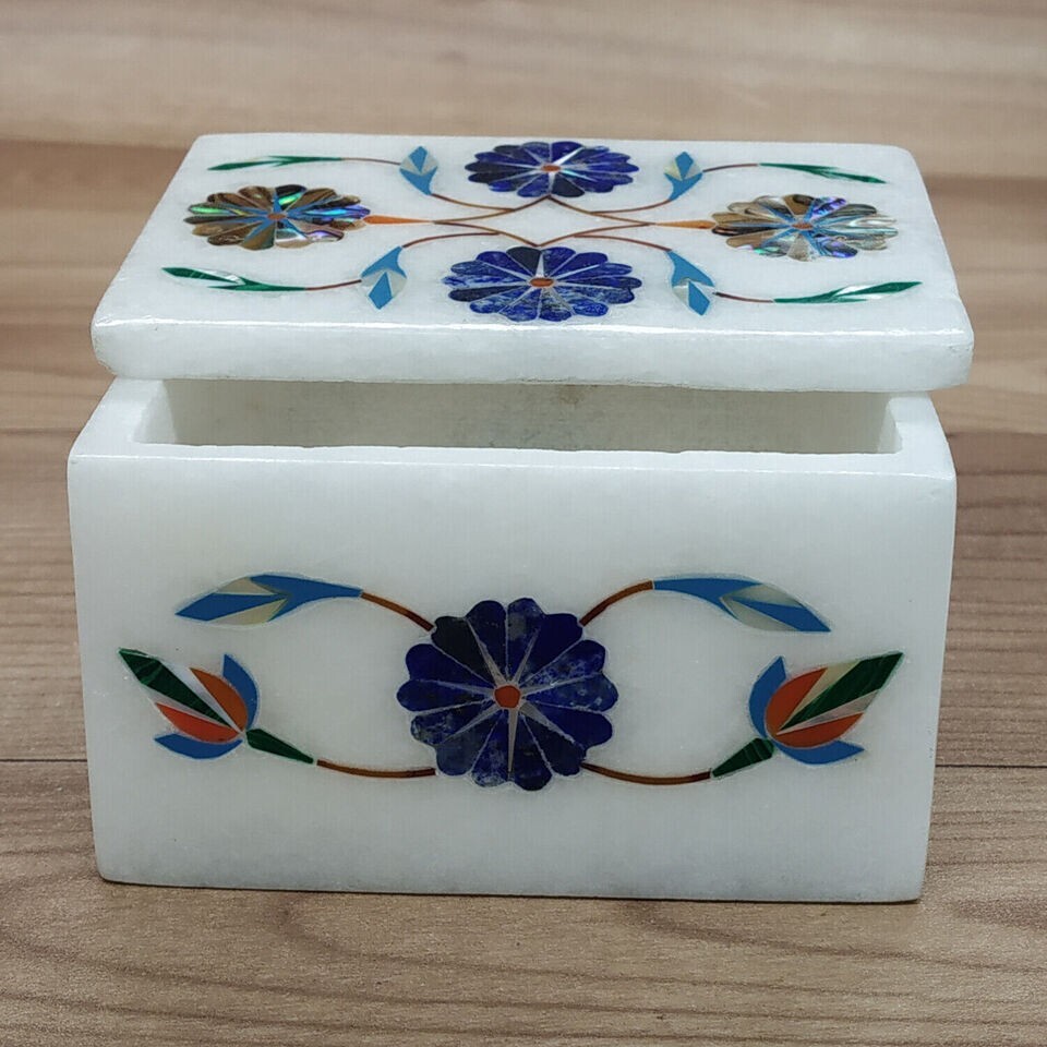 Marble jewelry box stone trinket box gift gemstone inlay pietra dura keepsake