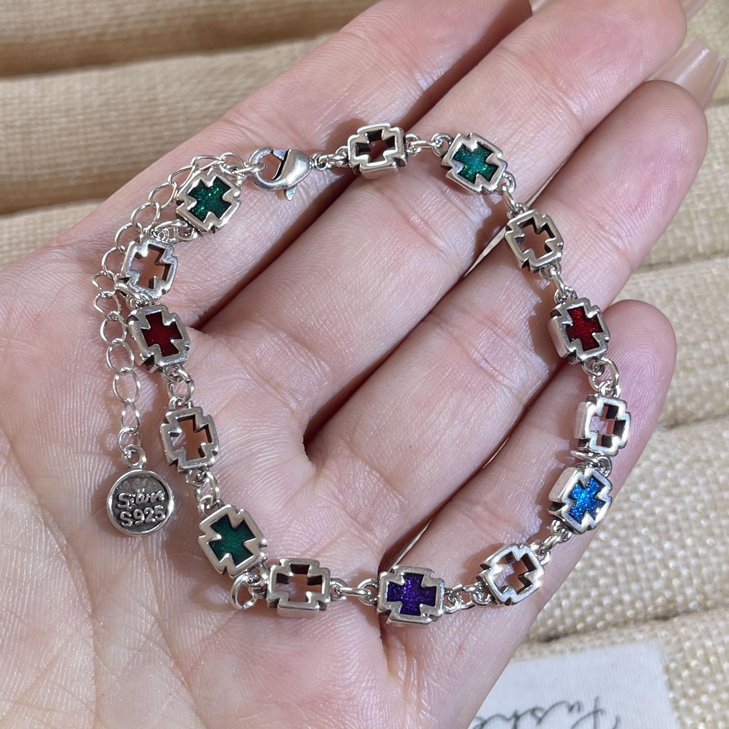 Solid 925 Sterling Silver Retro Cross Bracelet Vintage CZ Handmade Unisex Gift