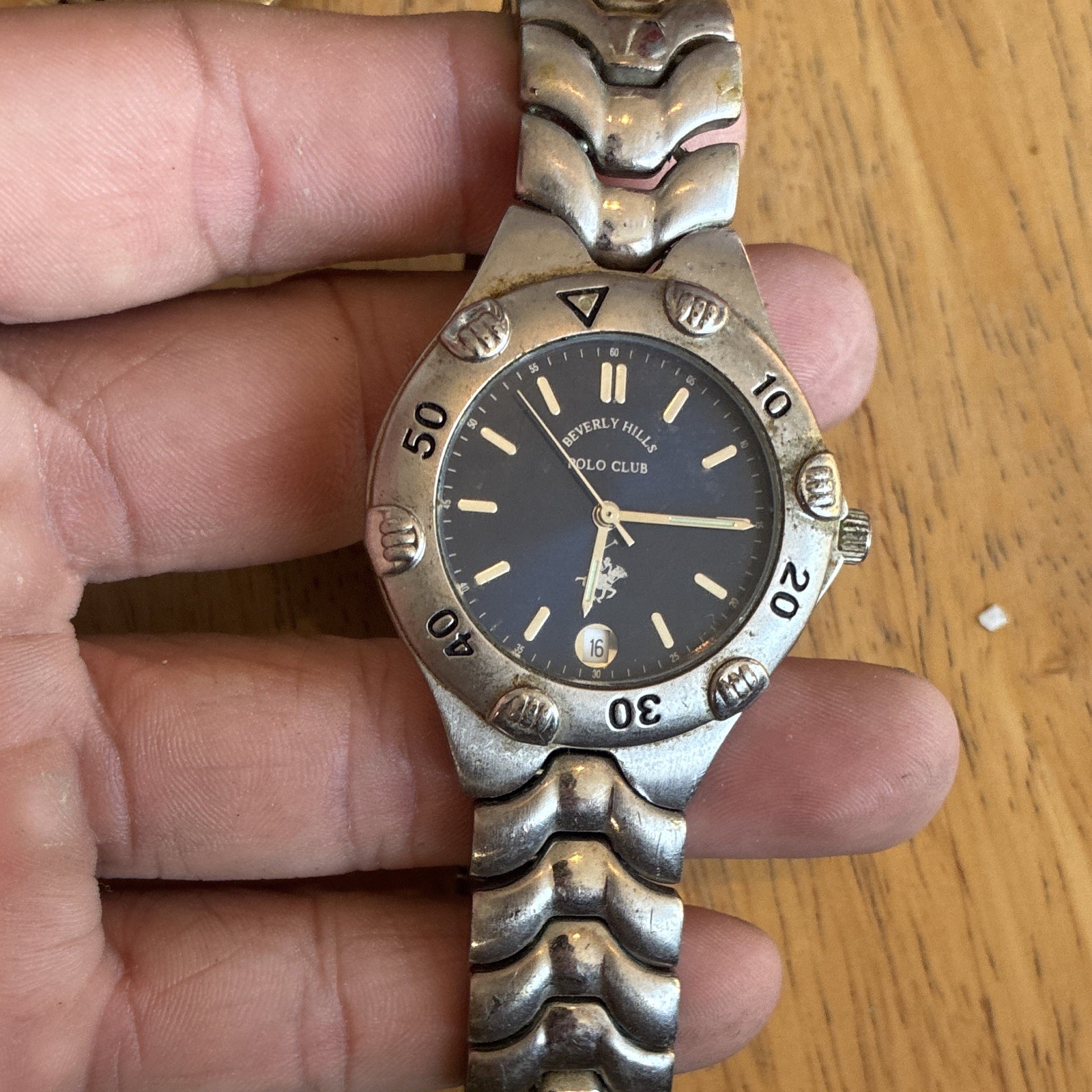 Beverly Hills Polo Club Vintage Quartz Blue Dial Date SS Bracelet 35mm