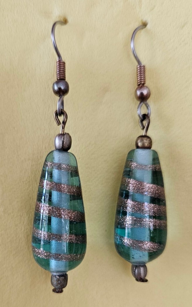 Glass Earrings Teardrop Blue Gold Swirl Pear Shaped Stainless French Hook Drop