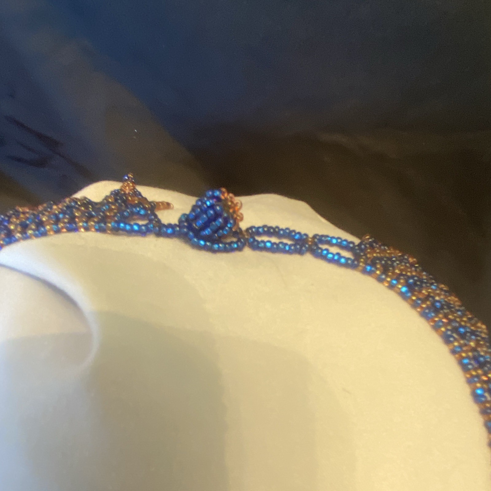 Vintage Blue & Brown Glass Beaded Geometric Bib Choker Necklace Adjustable 10in