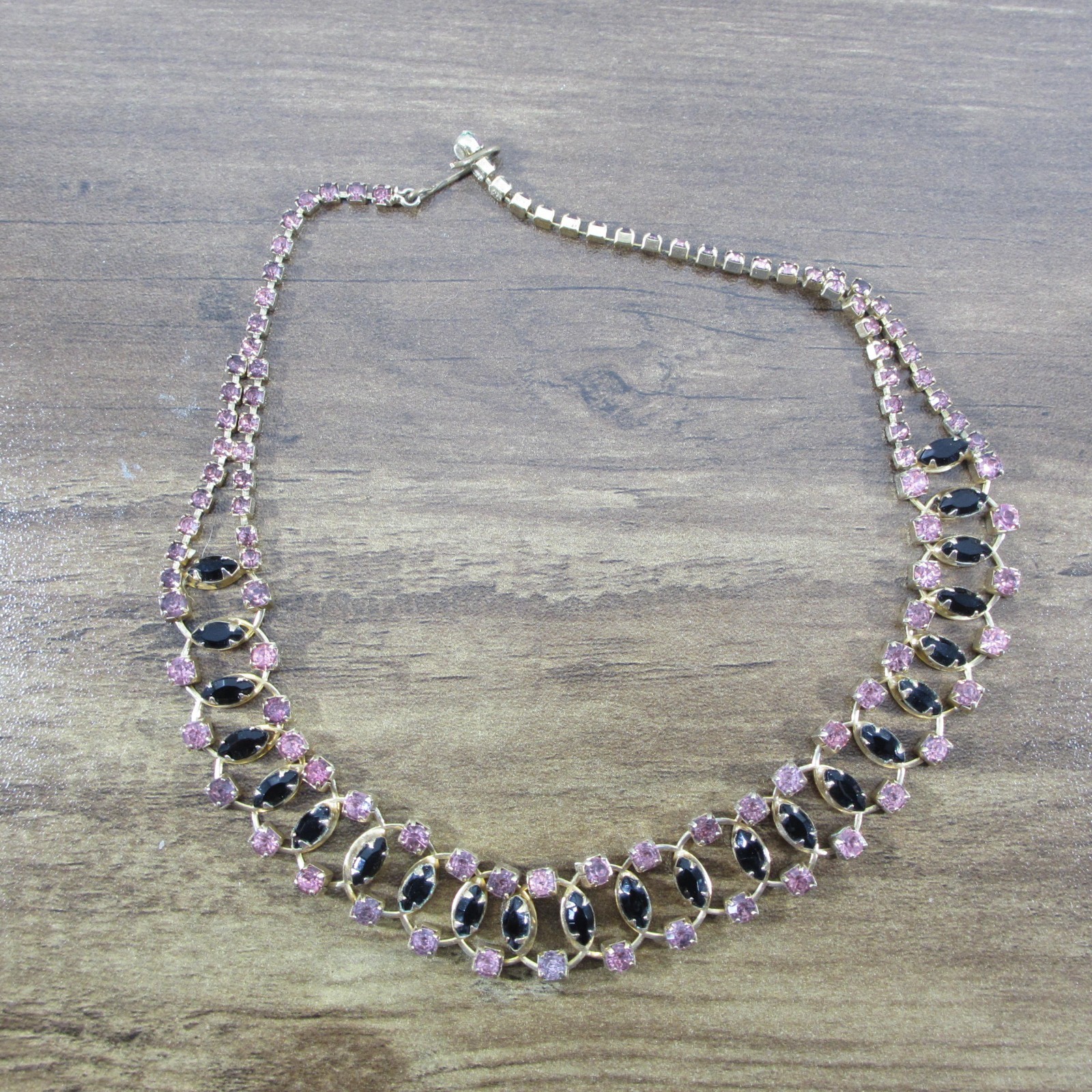 Vintage Rhinestone Necklace Purple Black Gold Tone Choker Collar 15 Inch