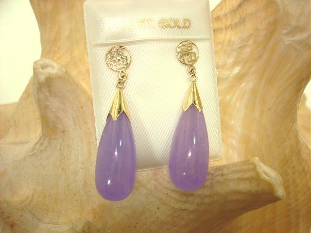 8MM 14K YELLOW GOLD GOOD FORTUNE TEARDROP LAVENDER JADE DANGLY STUD EARRINGS #1