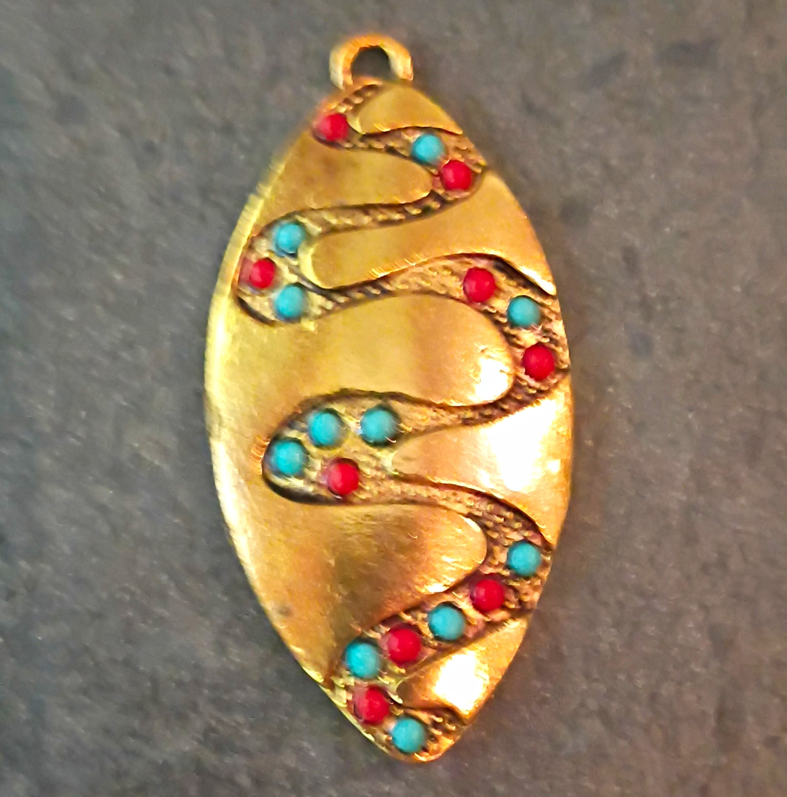 Gold Tone Marquise Charm Pendant Metal Red & Blue Round Stones Bail