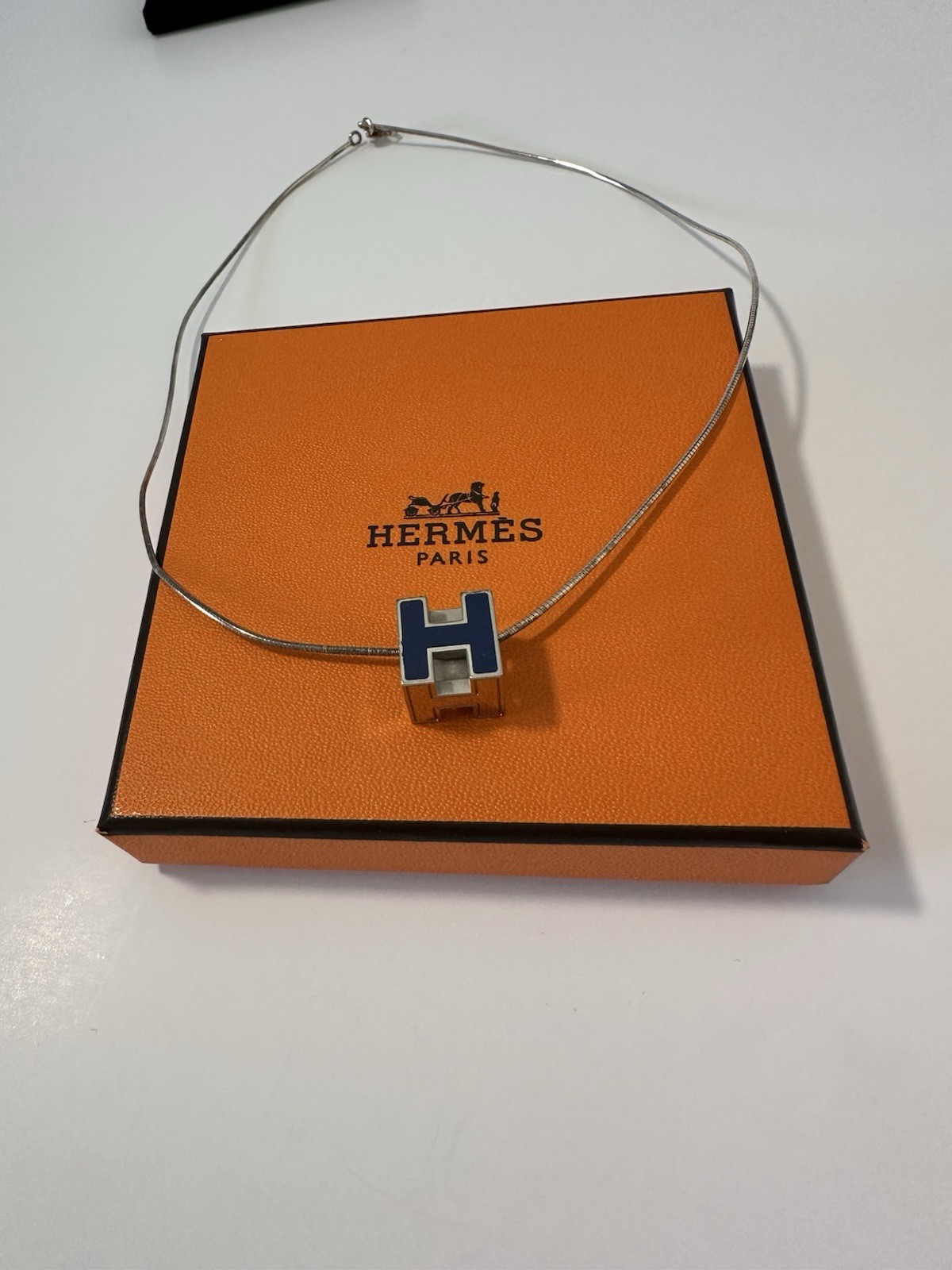 HERMES Cage d Hache H Logo Necklace Navy