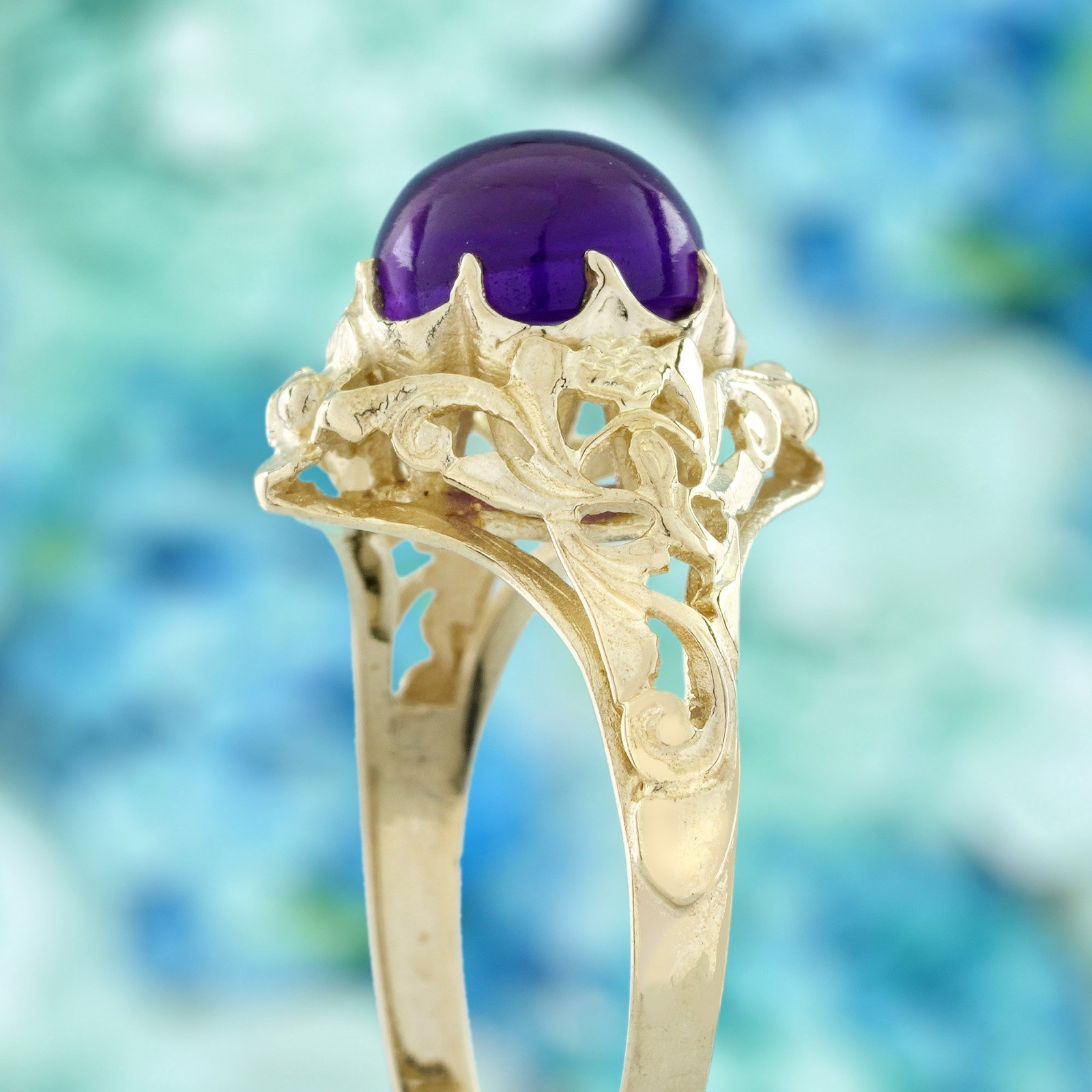 9K Yellow Gold Solid Natural Cabochon Amethyst Vintage Style Filigree Ring