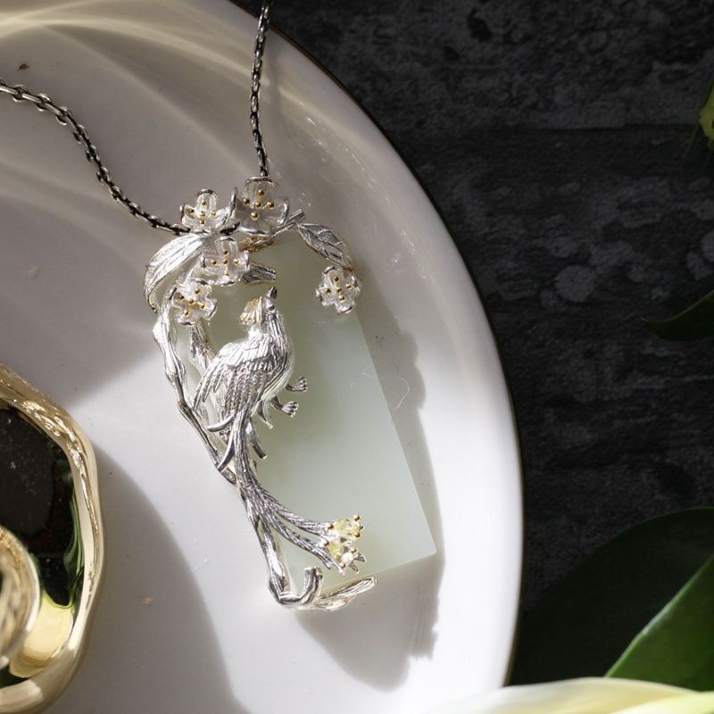 Silver-Plated Alloy & Jade Phoenix Pendant Necklace for Women