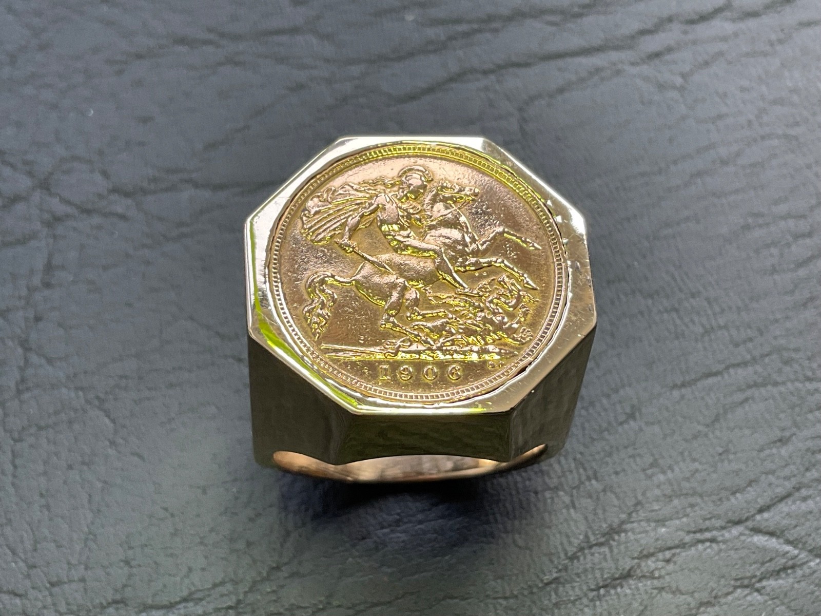 Very Heavy 1906 Gold Half Sovereign Ring Octagon Shape 27.45 grams Size S