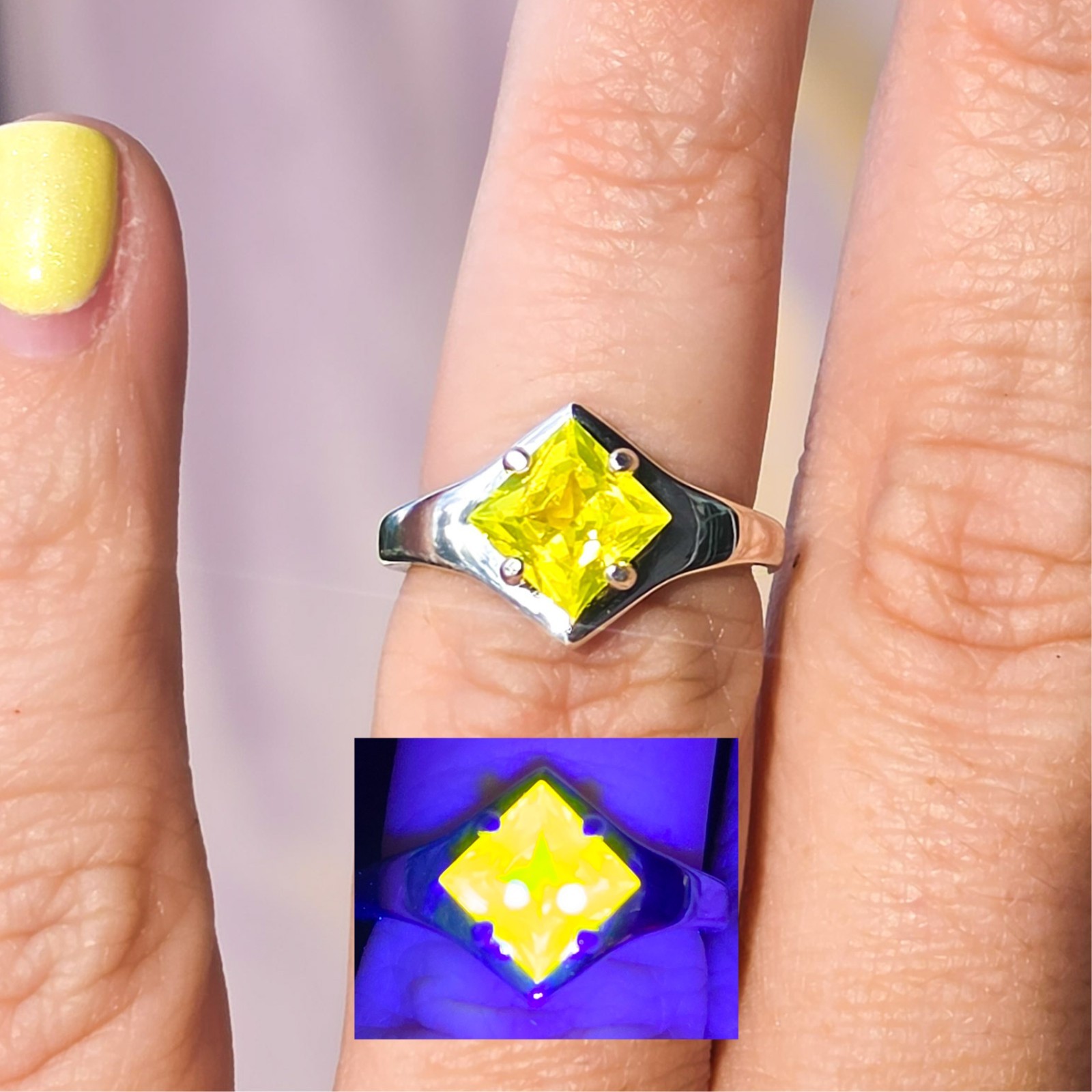 Sterling YAG Ring UV Yellow Yttrium Aluminum Garnet Square Princess Cut Shield