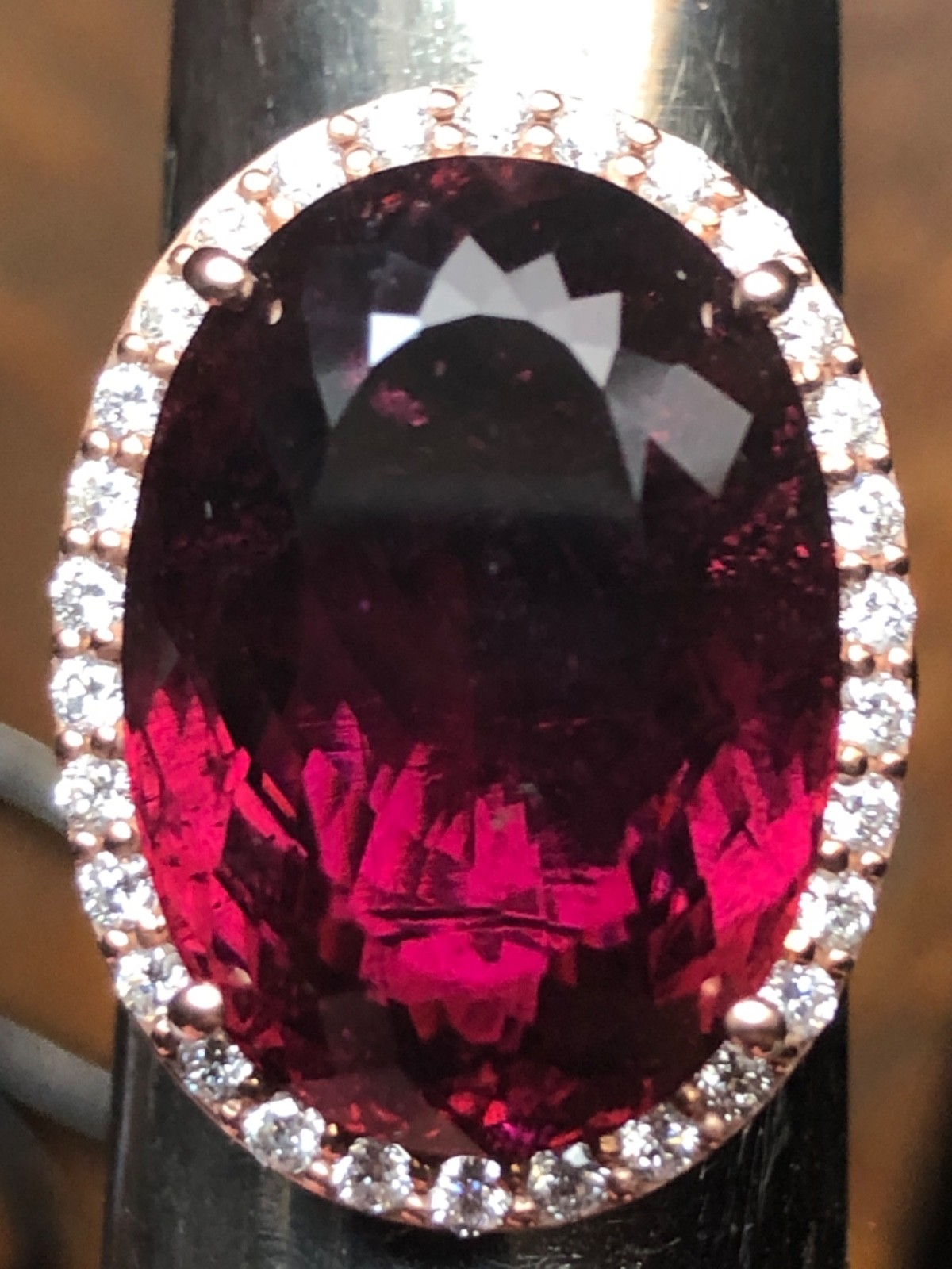 14K Pink Gold Large 21.43 ct. Rubellite Ring Diamond Halo .75 ct . T.W.11.70 grm