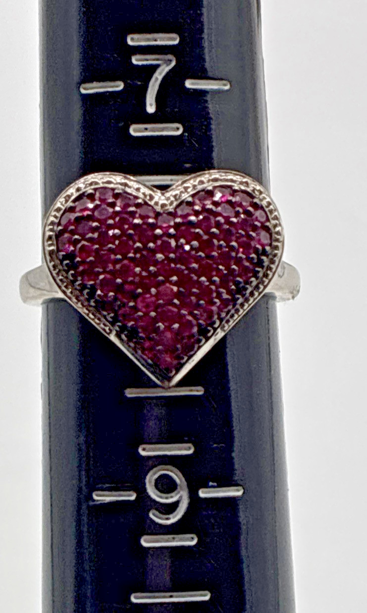 Sterling Silver 925 Ring Size 7.75 Pave Heart Dark Pink Stones Halo 3.7g