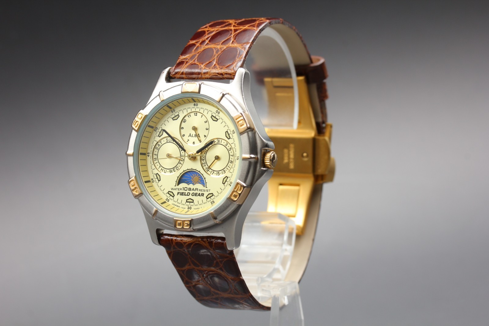Vintage 1991 [Near MINT] SEIKO Alba V33F-6A80 SUN & Moon Phase QZ Men’s Japan